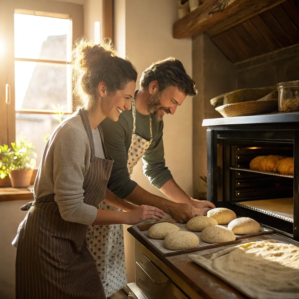 Couple baking fresh bread